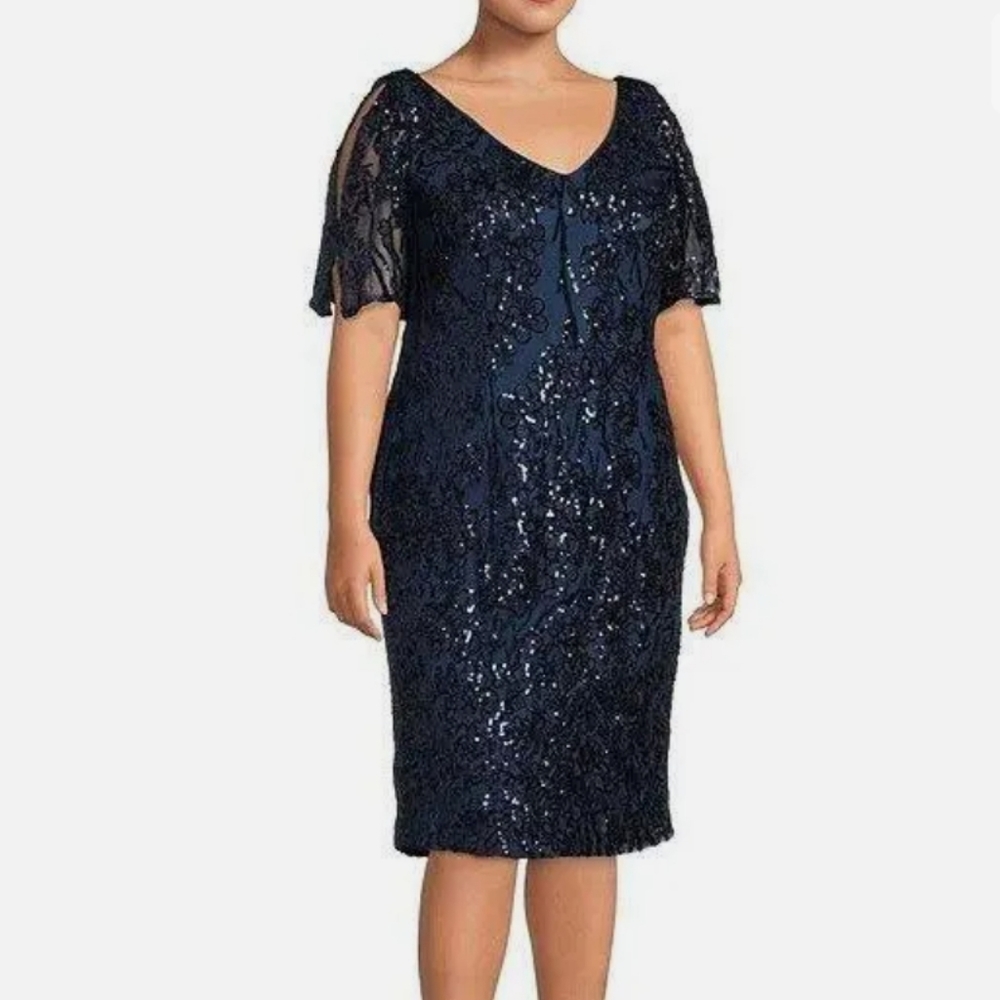 Alex Evenings Plus Size Navy V-neck Sequin Flutter Sleeve Sheath Dress